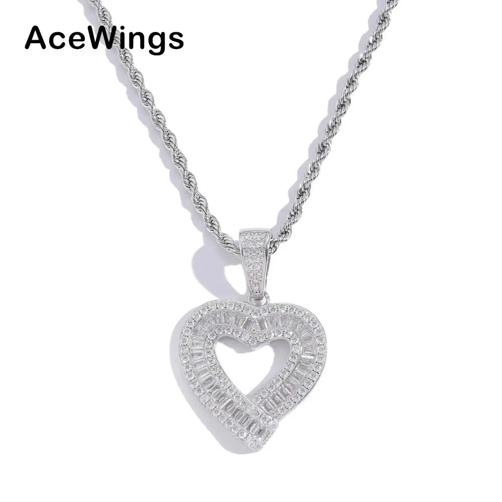 SP005 925 Sterling Silver Hip Hop Engagement Party Rope Chain Heart Round Brilliant Cut CZ Pendant Necklace for Men and Women