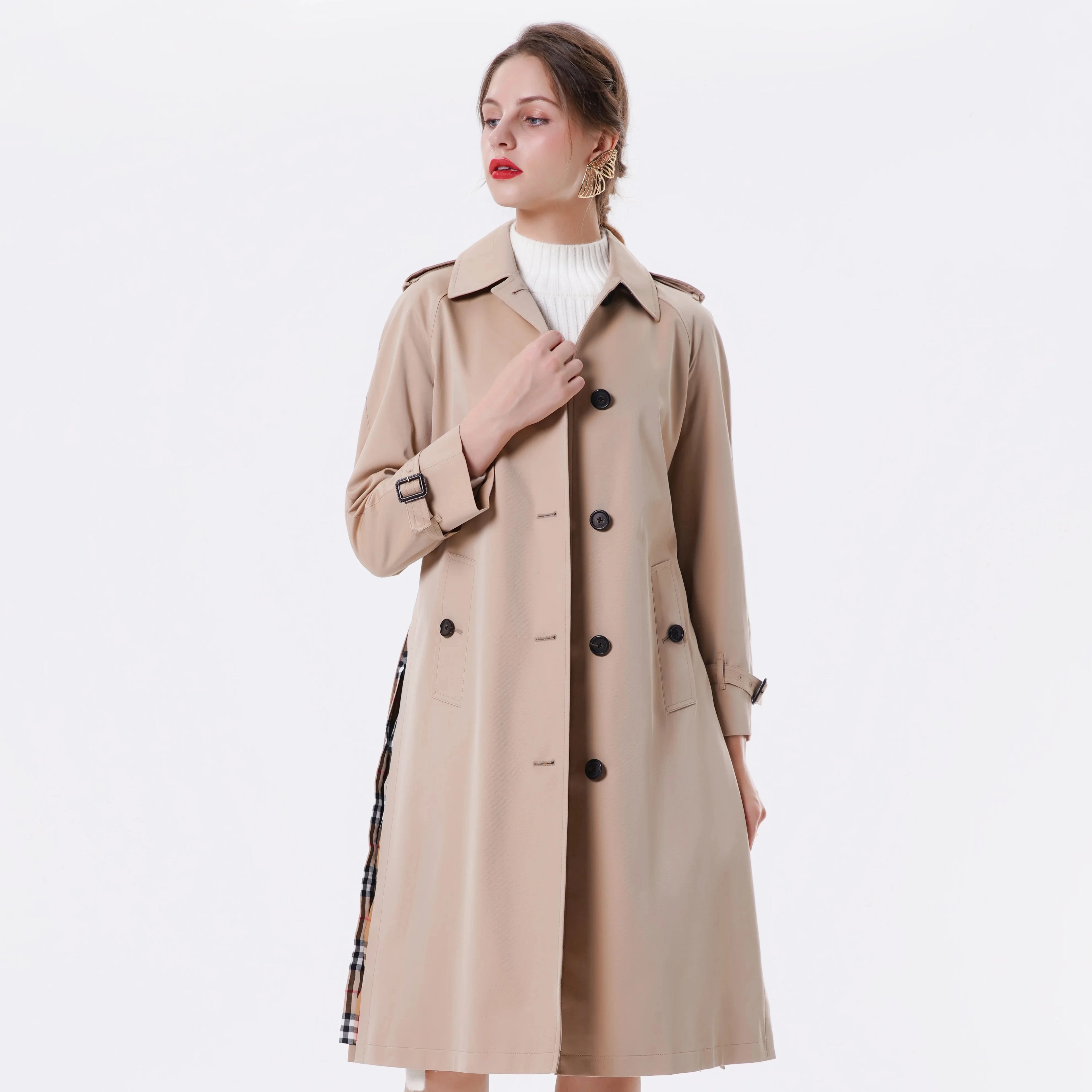 Women Long Trench Coat Fashion Casual Double Breasted With Buttons for Autumn Season Solid Color Cotton