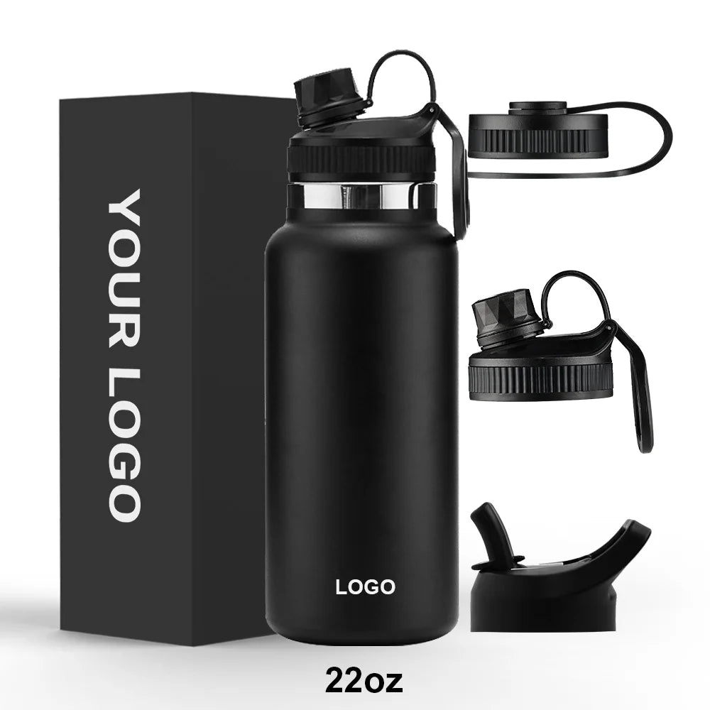 Insulated Stainless Steel Water Bottle 18 oz 32oz  40oz Vacuum Canteen 3 Lids Large Metal Drink Bottle Leak Proof