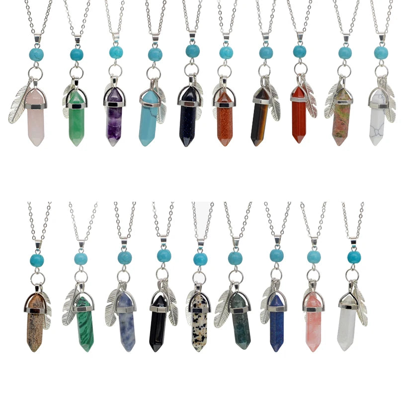 Hexagonal Column Feather Necklace for Women Silver Feather Pendant With Crystal Gemgemstone Necklace for Jewelry Making