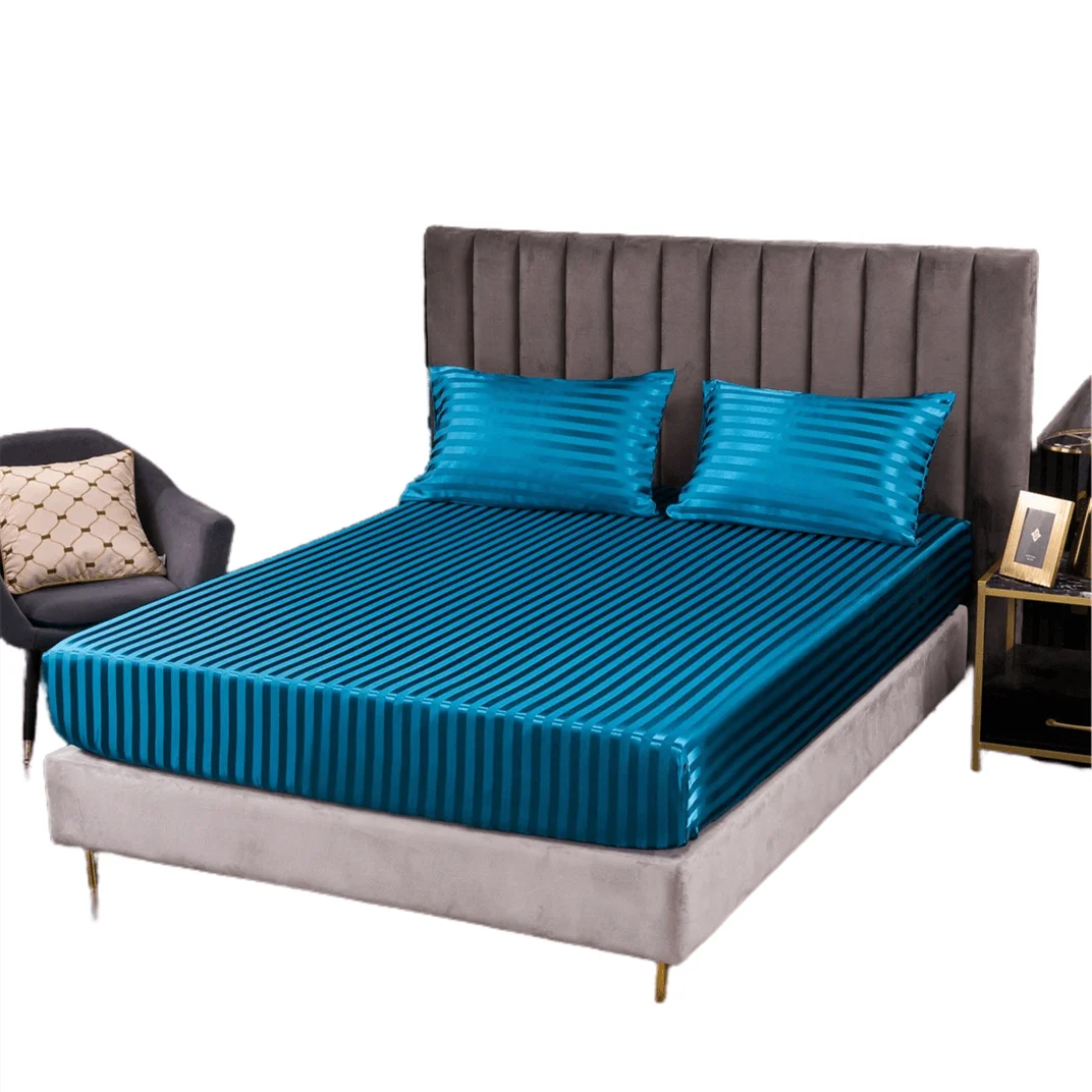 Wholesale Silky Satin Striped Fitted Bed Sheet Wrinkle-Free Deep Pocket Bottom Sheet