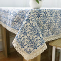 Ychon Chinese Style Vintage Blue and White Tablecloth with Lace Customizable Cotton Linen Tablecloths Dustproof Table Cloth