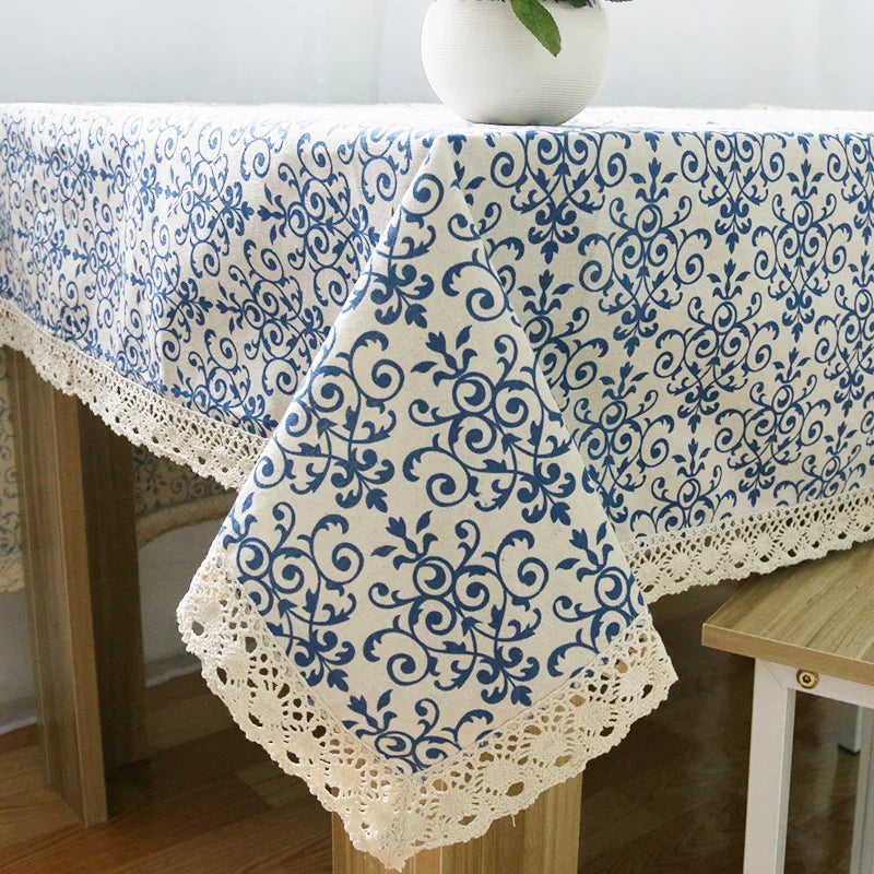 Ychon Chinese Style Vintage Blue and White Tablecloth with Lace Customizable Cotton Linen Tablecloths Dustproof Table Cloth