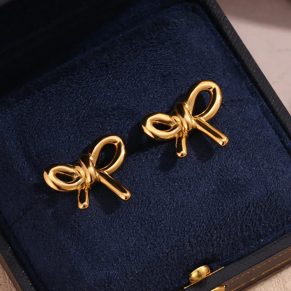 YF3702 Low Allergenic Stainless Steel Smooth Jewelry 18k Gold Plated Bow Waterproof Tar Free Women Earrings