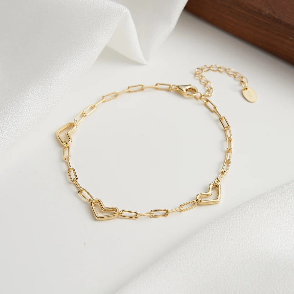 Wholesale Discount 925 Silver Heart Paper Clip Chain Bracelet 14K Gold Plated Unisex Vintage Stackable Tennis Design Minimalist