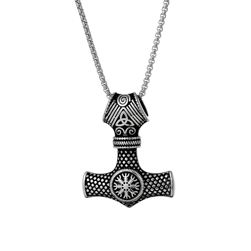 Viking Nordic Helm of Awe Pendant Men's Necklace Stainless Steel Jewelry Celtic Knot Mjolnir Necklace for Man