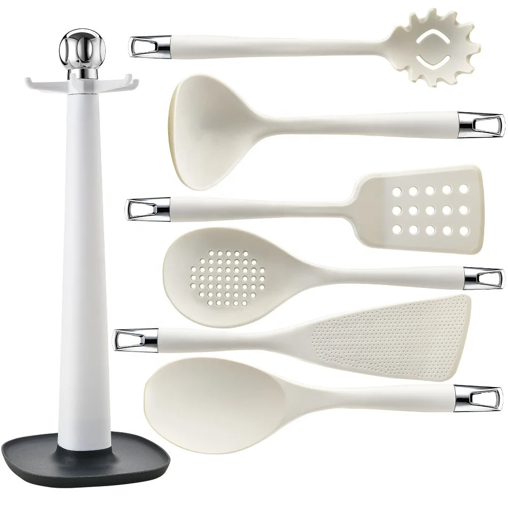 7-Piece White Silicone Kitchenware Set Cooking Tool Storage Rack and Spatula Suit for Easy Organization in the Kitchen