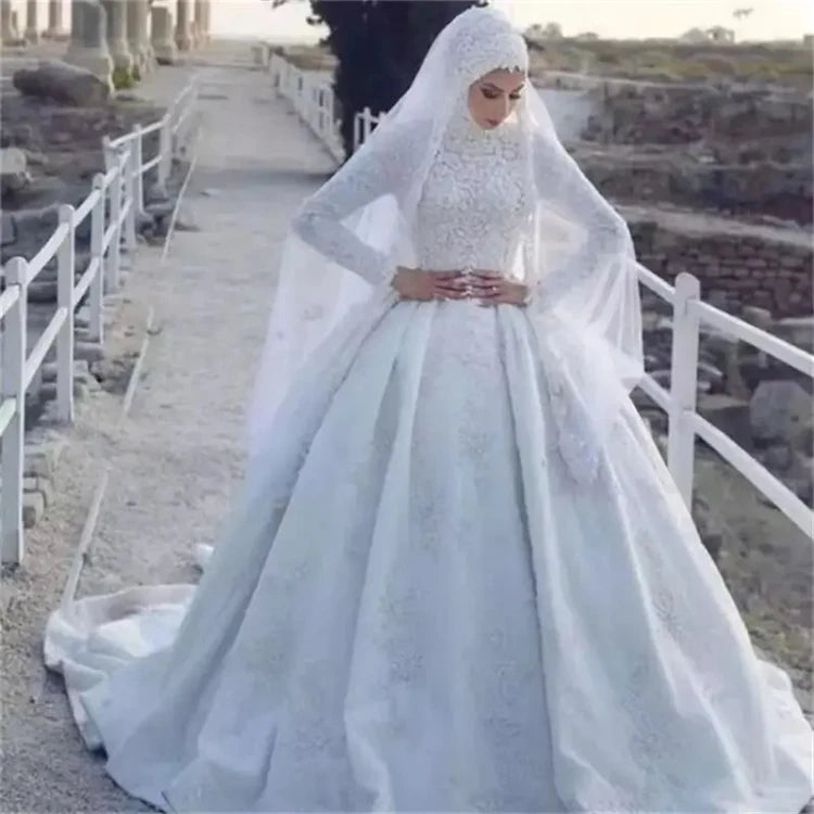 2023 New Summer Wedding Dress Muslim Bride Lace Long Sleeve Puffy Dress Wedding Dress
