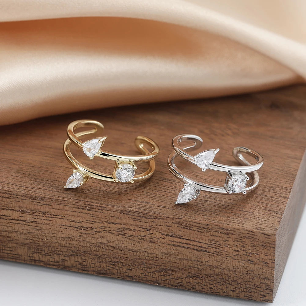 RINNTIN APR39 Zircon Pear Shape Adjustable Open Double Layer 14K Gold Plated 925 Sterling Silver Finger Rings Jewelry for Women