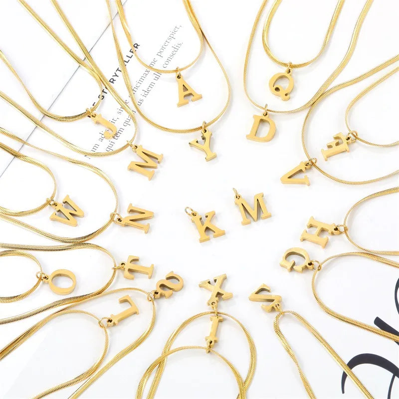 Hot Sale Resistant 26 Initial Necklace Flat Snake Chain Necklace Diamond Letter Necklace for Women or Man