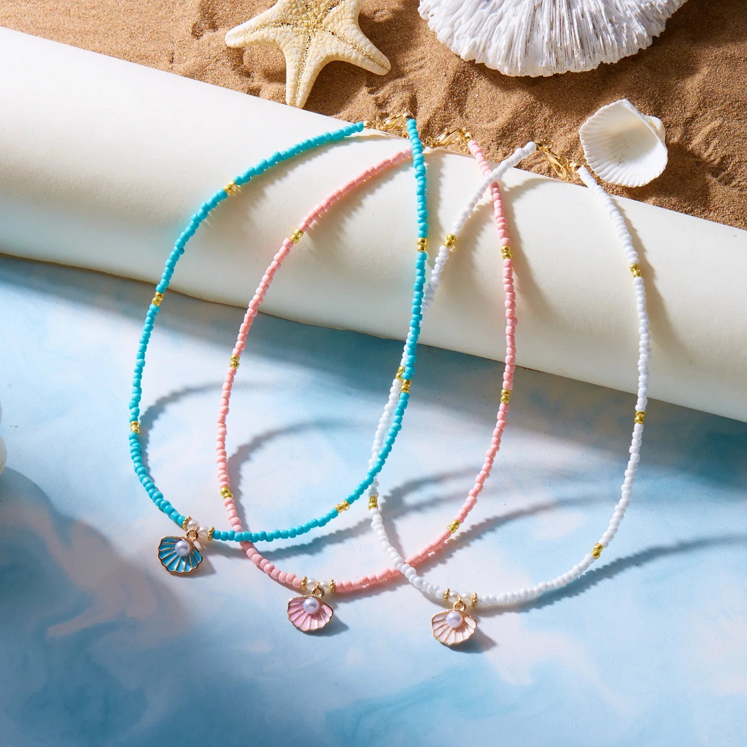 New Gold Stainless Steel Ocean Charm Necklace Adjustable Layered Necklace Boho Beach Accessories Handcrafted Natural Stone