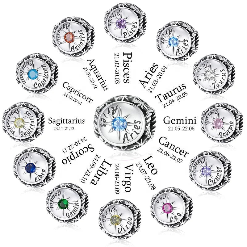 Zodiac Star Sign 925 Sterling Silver Charm Beads Fit for Charm Bracelets 12 Constellations Cubic Zirconia Charm SCC1725