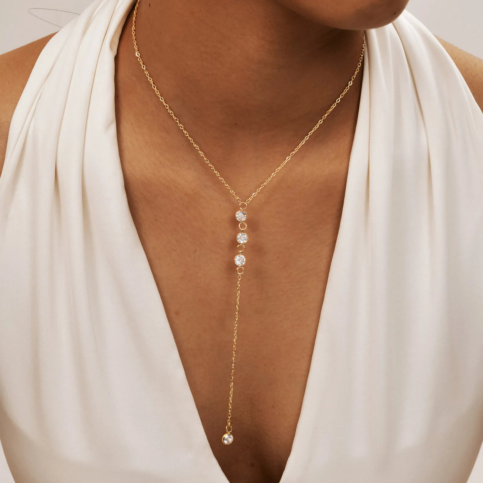 G4020 Wholesale Dainty Gold Plated Stainless Steel Necklace Adjustable Cross Link Chain Y Shaped Tassel Zircon Necklace for Gift