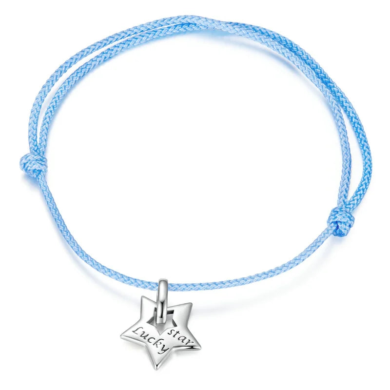 925 Sterling Silver Women's Lucky Star Bracelet Adjustable Rope Rhodium Hollow Star Pendant Original Wedding Jewelry Gift for