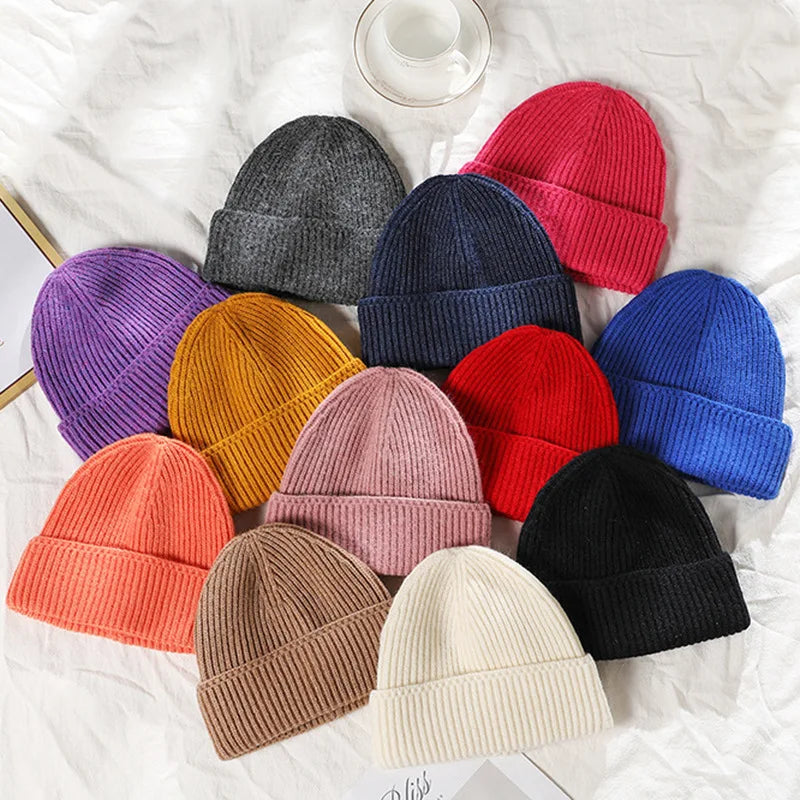 Custom Logo High Quality Solid Color Thick Yarn Warm Windproof Cold Resistant Unisex Acrylic Cotton Cashmere Knitted Beanie