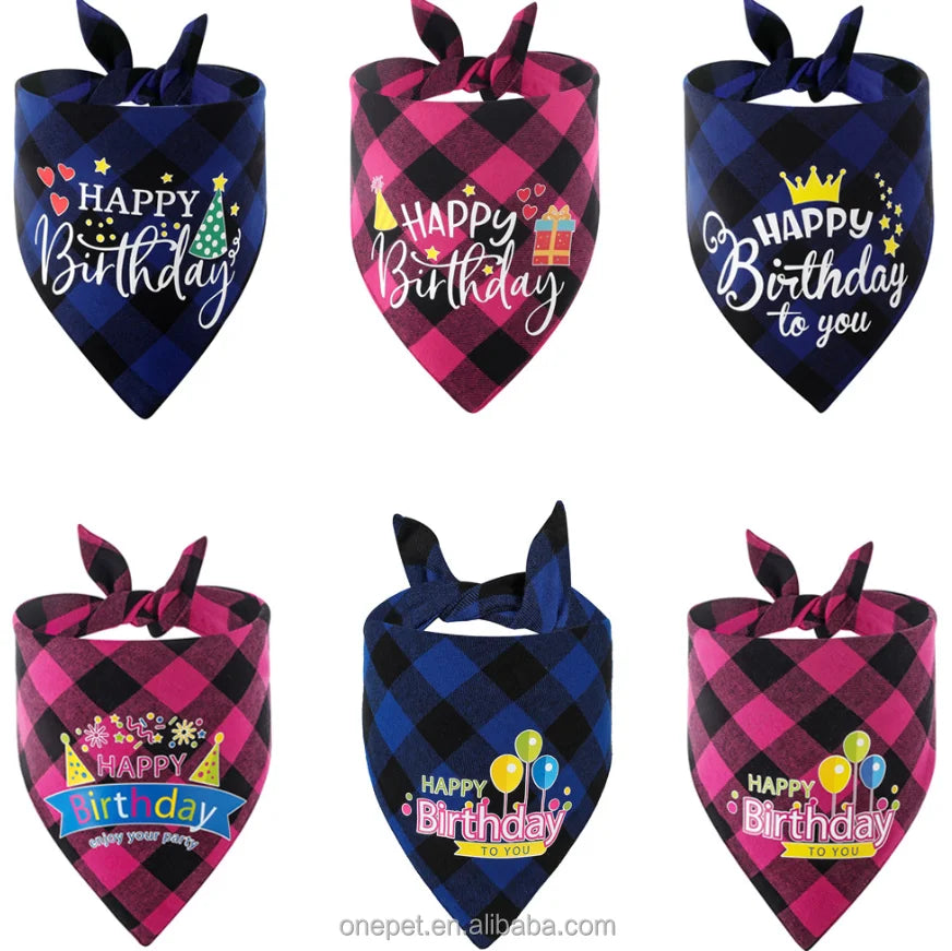 Cotton Pet Birthday Bandana Bibs Summer Winter and Spring Print Accessory with Plaid Design for Dogs