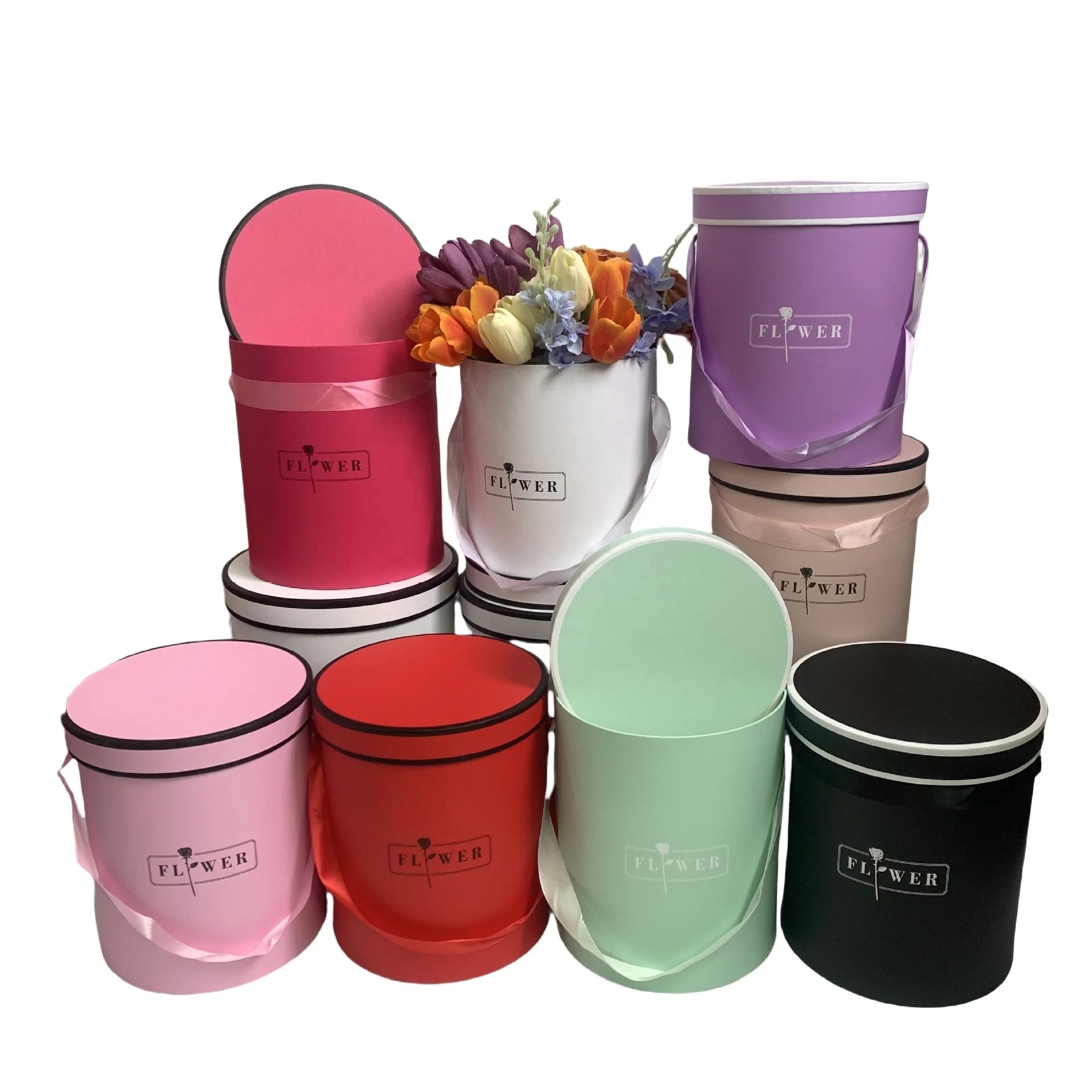 Customizable Macaron Color Round Set 3-Hold Flower Gift Box Round Bucket Box with Handle Recycled Materials Stock Available