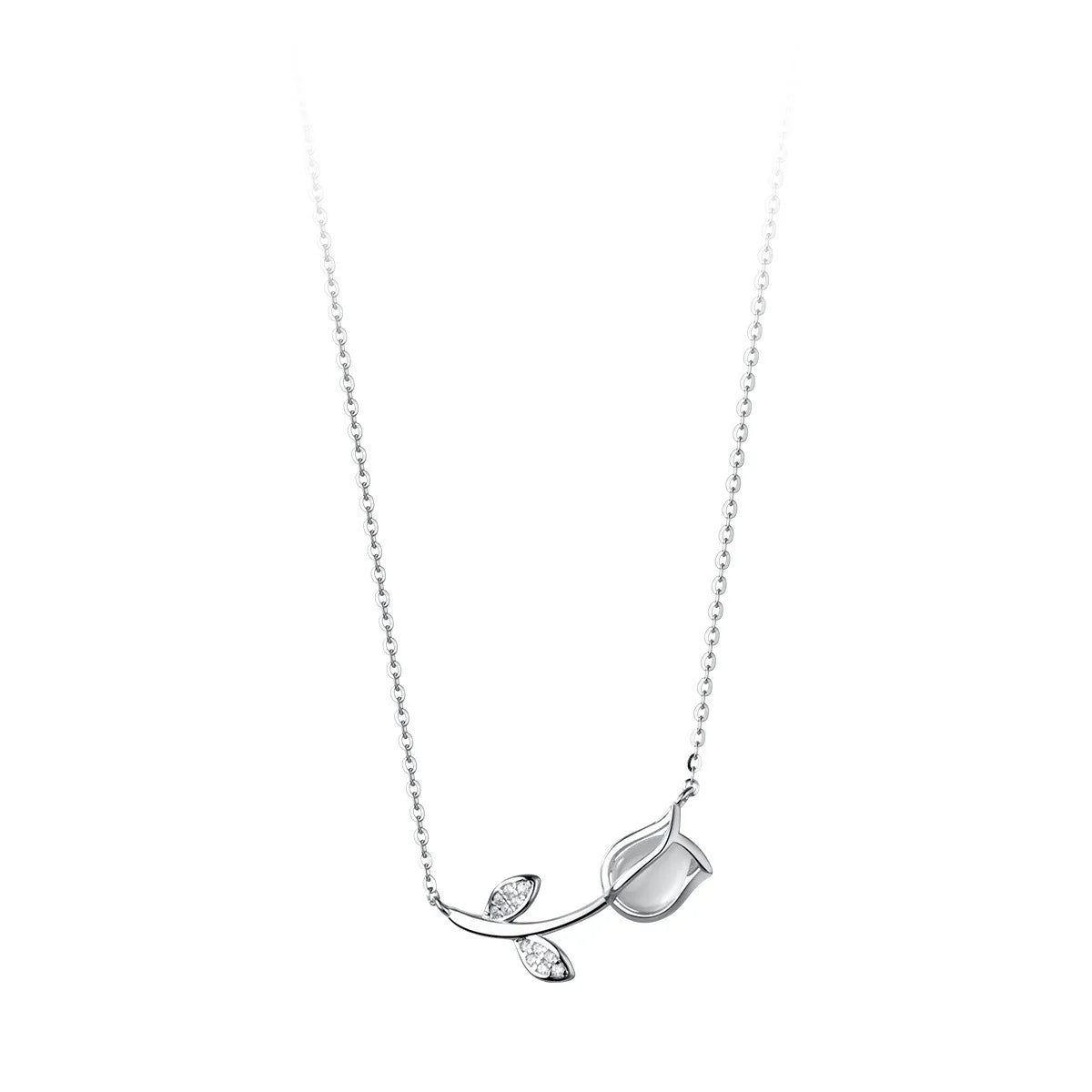 Korean Style Real 925 Sterling Silver Rose Quartz Tulip Flower Pendant Necklace Cymophane Pendants Gift Women Jewelry Necklaces