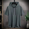 RNSHANGER Men's Summer Hoodies T-shirts Short Sleeve Solid Color Loose Hooded Drawstring Pullover Tops Basic Tees for Daily Wear