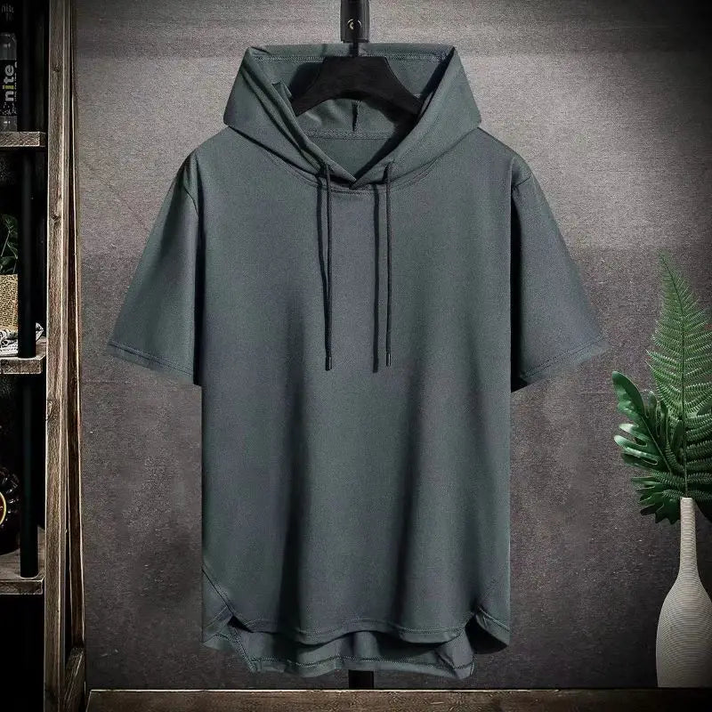 RNSHANGER Men's Summer Hoodies T-shirts Short Sleeve Solid Color Loose Hooded Drawstring Pullover Tops Basic Tees for Daily Wear