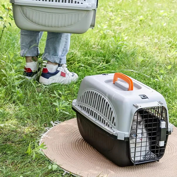 Portable Plastic Pet Carrier/Pet Flight Cage/Dog Transport Box Travel Bag with Animal Pattern for Cars Hanging Bowls Diaper Belt