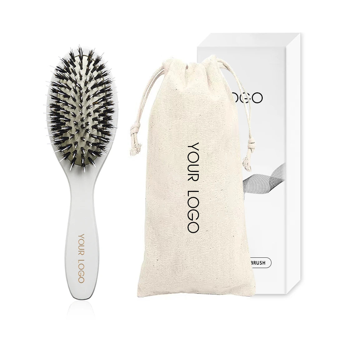 2026 New  Logo Boar Bristle Nylon Wooden Handle Paddle Bamboo Wood Hair Brush White Hair Brush for Extension Wig Brush Custom