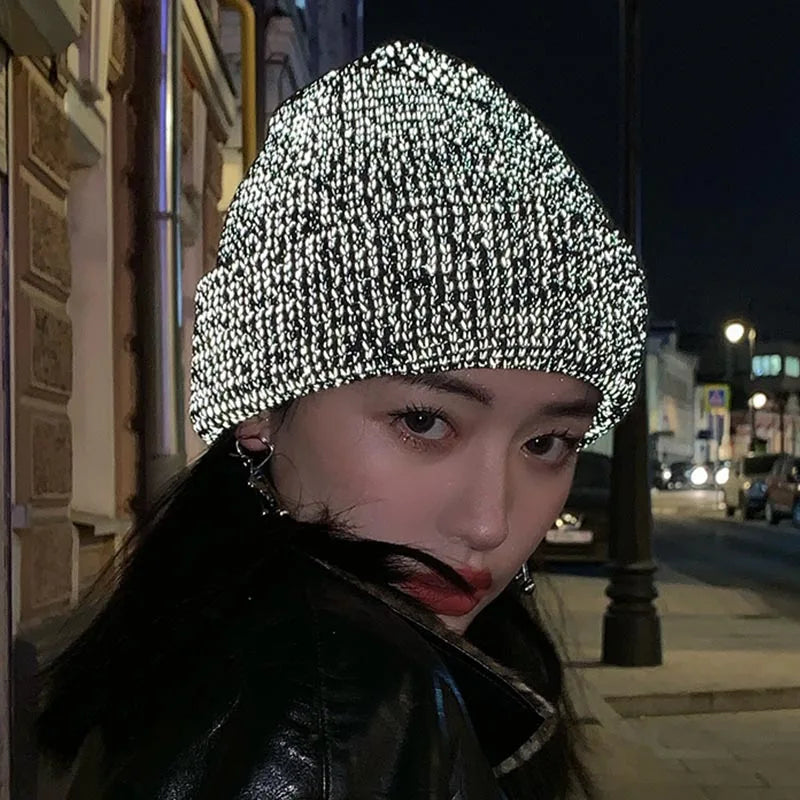 Hip Hop Street Winter Warm Custom Acrylic Skull Safe Night Reflected Knitted Reflective Beanie Hat