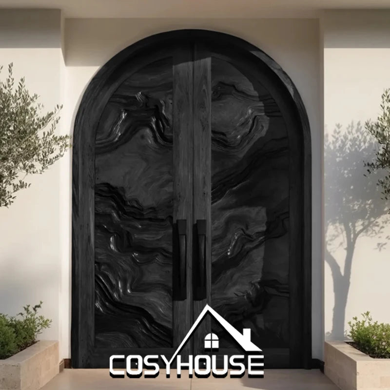 Custom Luxury Black Arched Solid Wood Double Front Entry Door Modern Main Entrance Door
