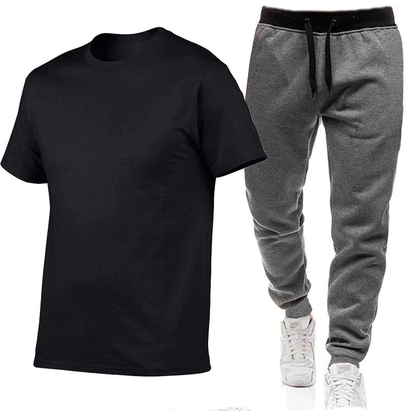 OEM Custom Men Casual Sports Training & Jogging Wear Men Solid Color Cotton T-shirts & Joggers Sweat Pant 2 Pieces Sets
