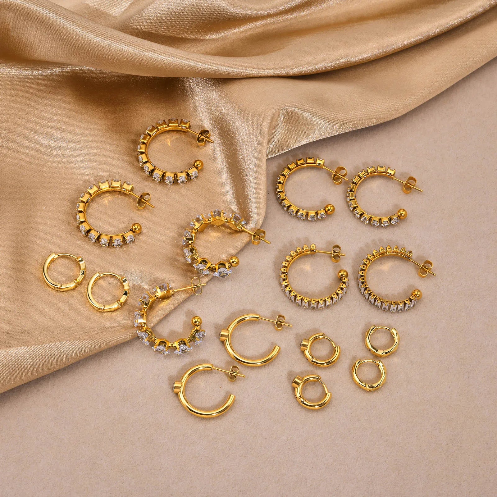 New Women 6 Styles Anti Tarnish 316l Stainless Steel 18k Gold Plated C Shape Zircon Hoop Earrings Jewelry