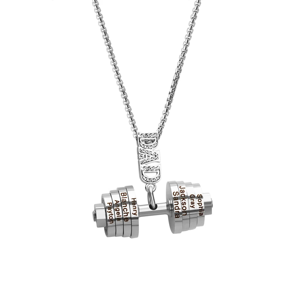 Custom Personalised Name Bead Necklace Stainless Steel Dumbbell Pendant Necklace Gym Necklace for Men Father Day Gift