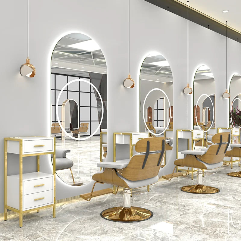 Cheap Barber Shop Mirrors Stations Oval Hairdressing Salon Mirror Barber Unit Station with Led Light