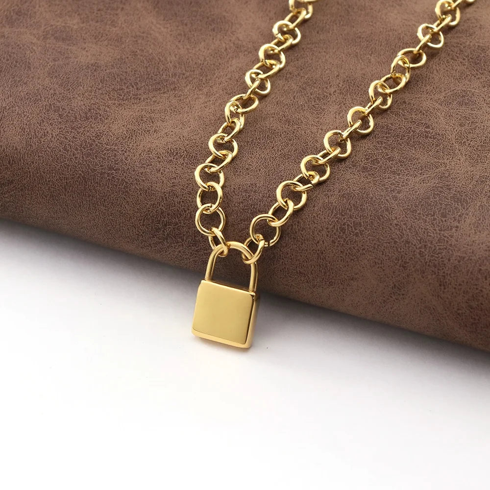 Padlock Choker Necklace Stainless Steel 6mm O Link Chain Necklace Dainty Blank Lock Necklace Gold Plated