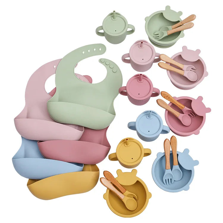 Silicone Baby Feeding Set Kids Dining Utensils with Suction Plate Bowl Pocket Bib Sippy Cup Forks Spoons