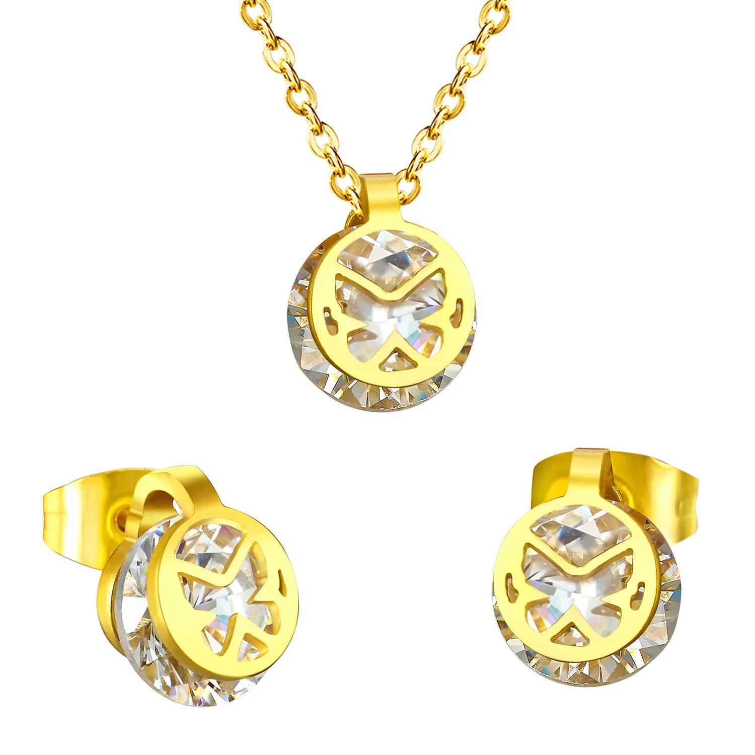 Wholesale Stainless Steel 18K Gold Plated Zircon Hollow Butterfly Earrings and Necklace Sets Jewellery Beautiful Jewelry Set