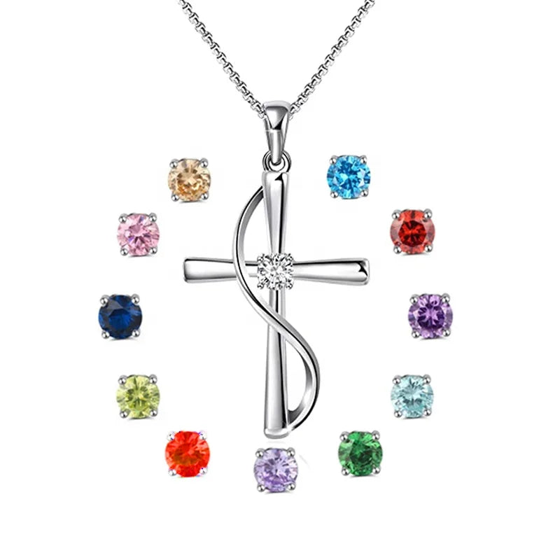 GP56 925 Sterling Silver Love Birthstone Cross Pendant for Women Necklace Birthday Fine Jewelry Mother's Day Girlfriend Gifts