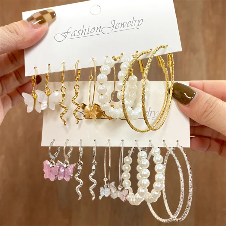 VKME Fashion Alloy Pearl Butterfly Drop Earring Set Large Hoop Earrings for Women Fashion Jewelry