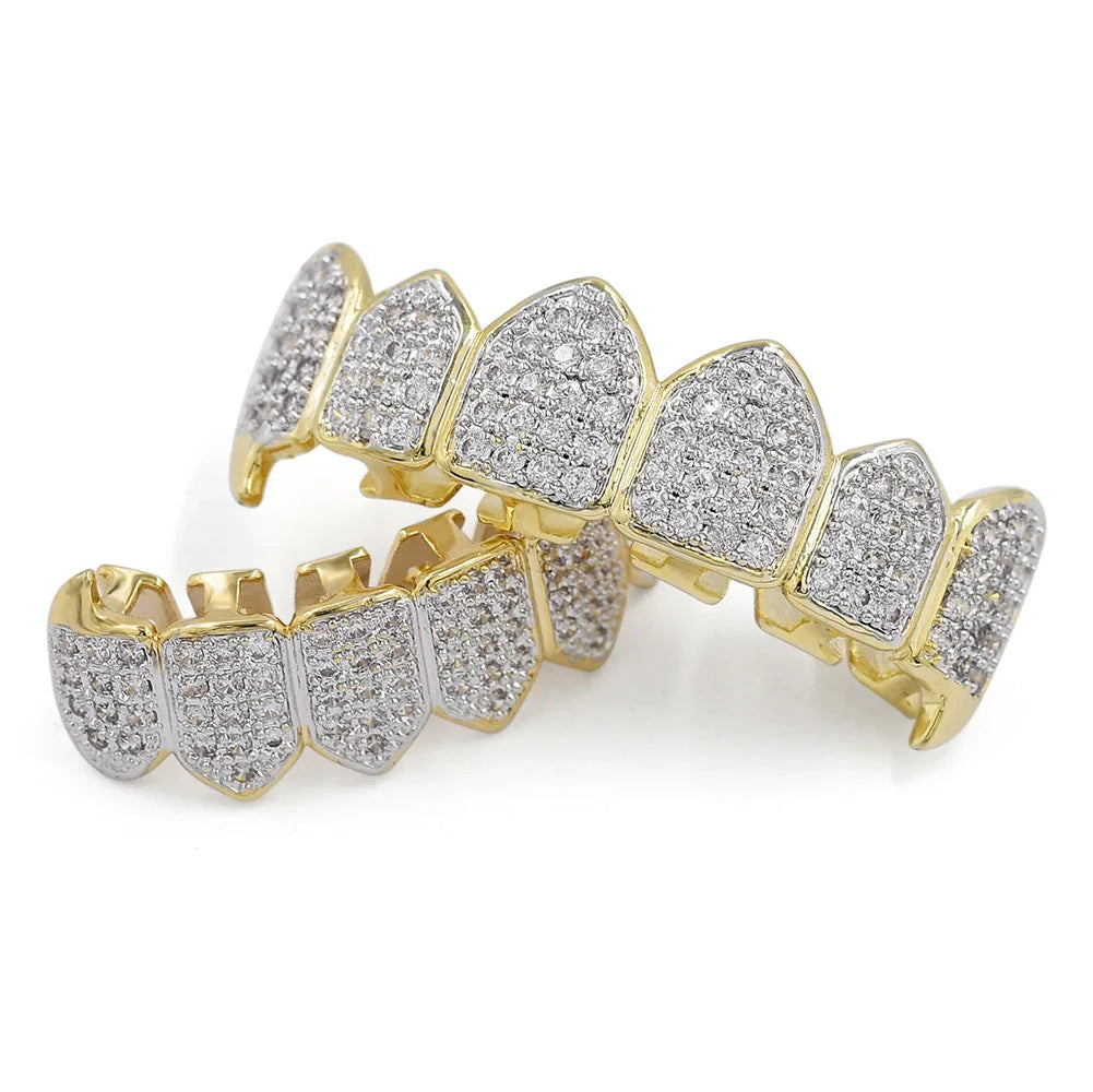 Duyizhao Iced Out Hip Hop Fang Grillz Dental Custom Full CZ Teeth Grillz for Woman Diamond Fashion Men Body Jewelry Gold Plated
