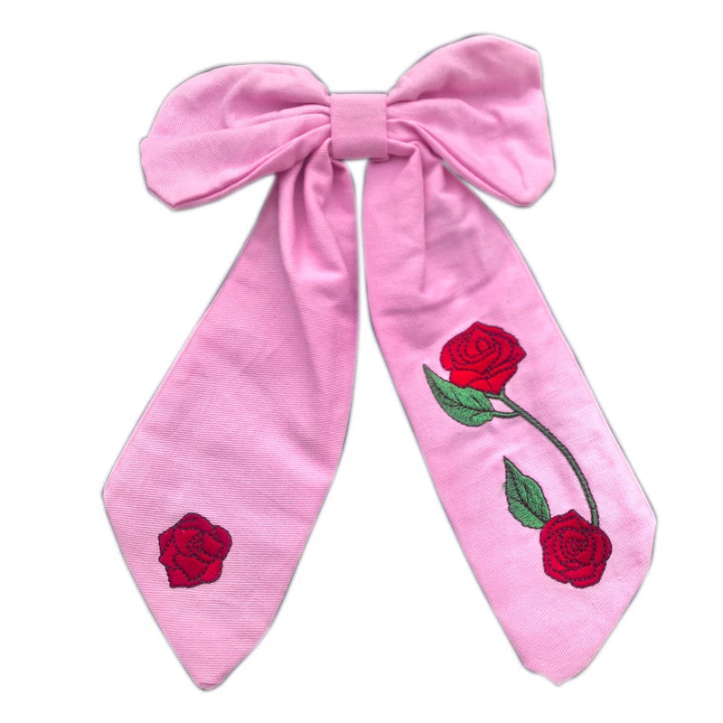 Custom Logo Team Name Red Flower Embroidery Handcrafted Day Hair Bows Girls Headbands Hairpin Bridal Hair Clip