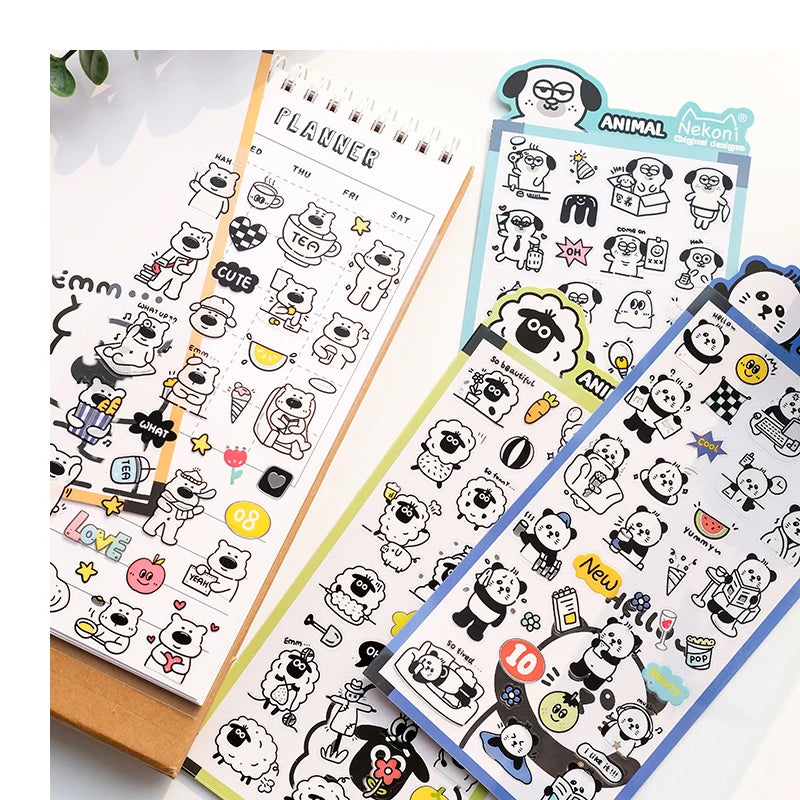 Nekoni Original Designs Animal Stickers Sheet Waterproof Stickers Sheep Panda Dog Bear PVC Decals Vinyl Sticker Planner Decals