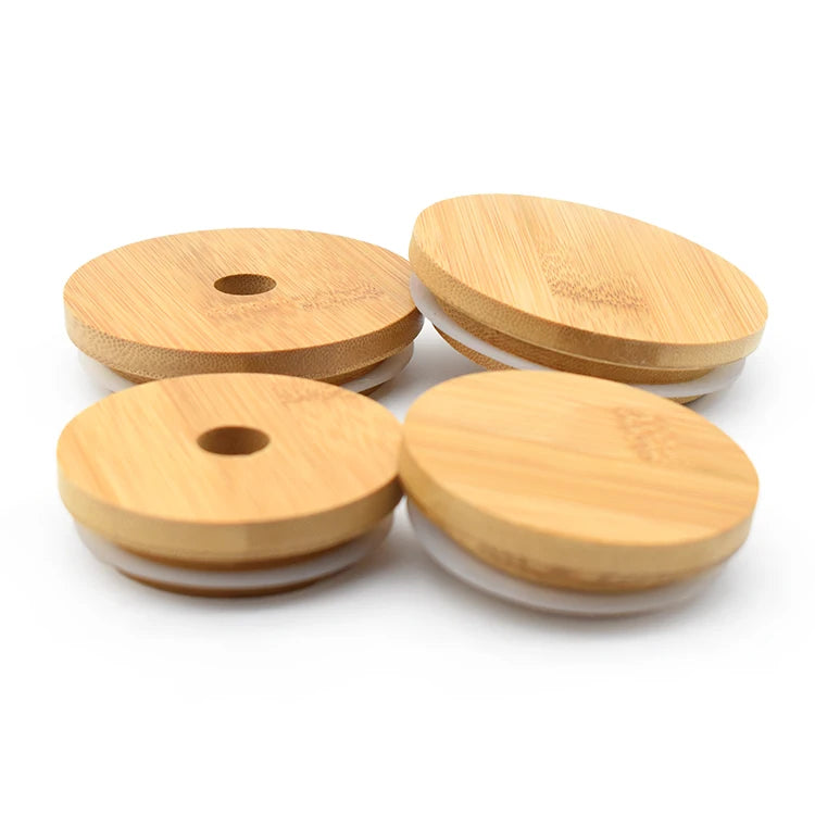 Wholesale Sells 86mm Wide Mouth Reusable Wooden Bamboo Mason Jar Lids With Straw Hole Leak-Proof Glass Jar Bamboo Lid