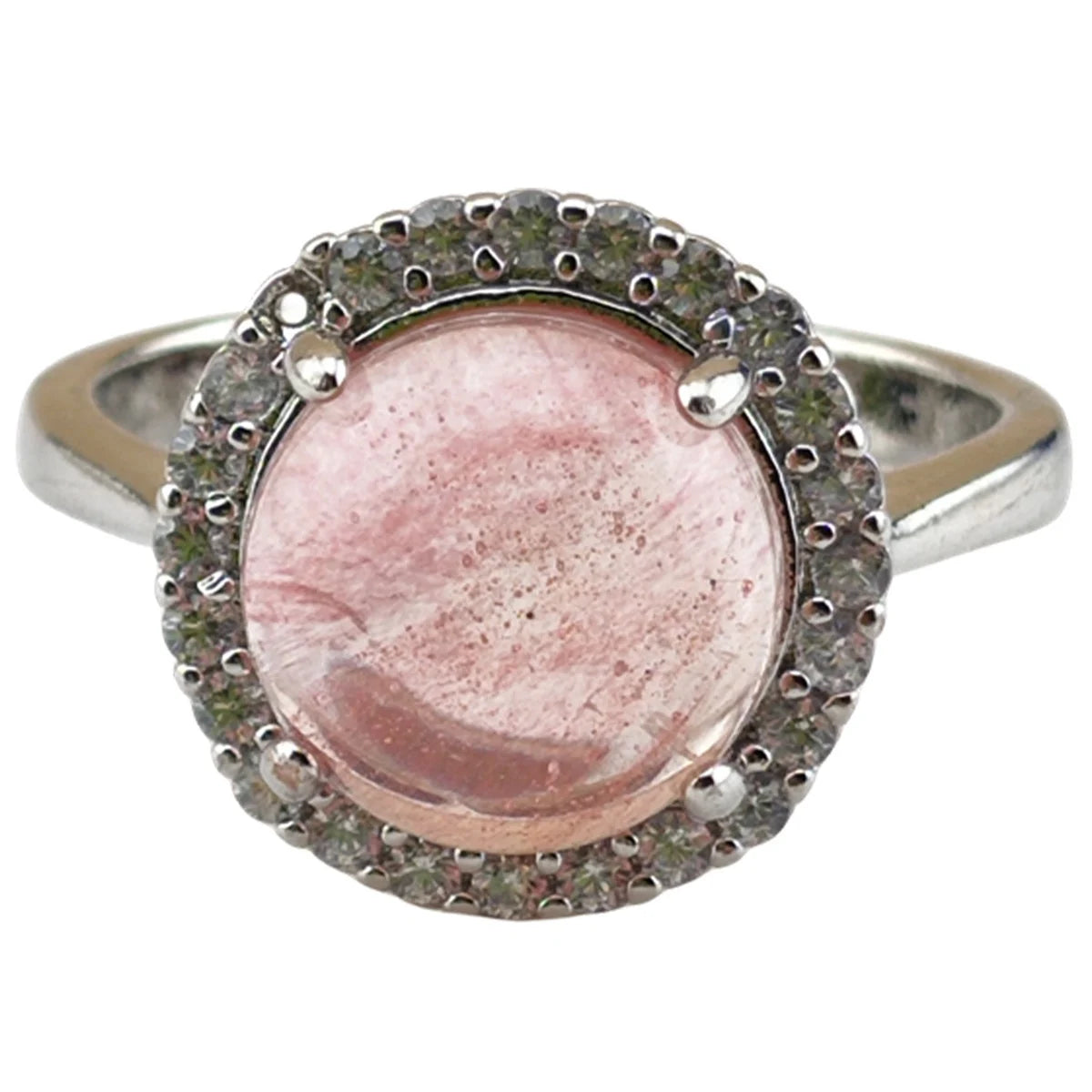 Adjustable Silver Watermelon Quartz Finders Rings for Women Girls Lucky 10MM Gemstone Cabochon CZ Rhinestone Ring for Women