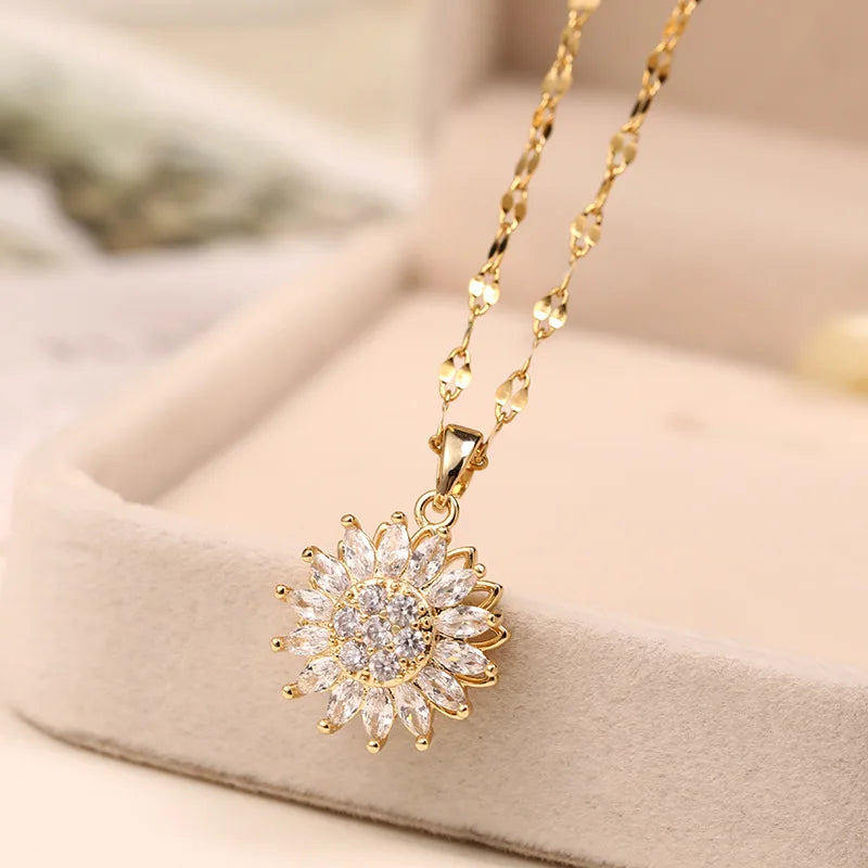 Luxury Double-layer Rotate Spins Sunflower Pendant Necklace Stainless Steel Zircon Daisy Necklace for Women