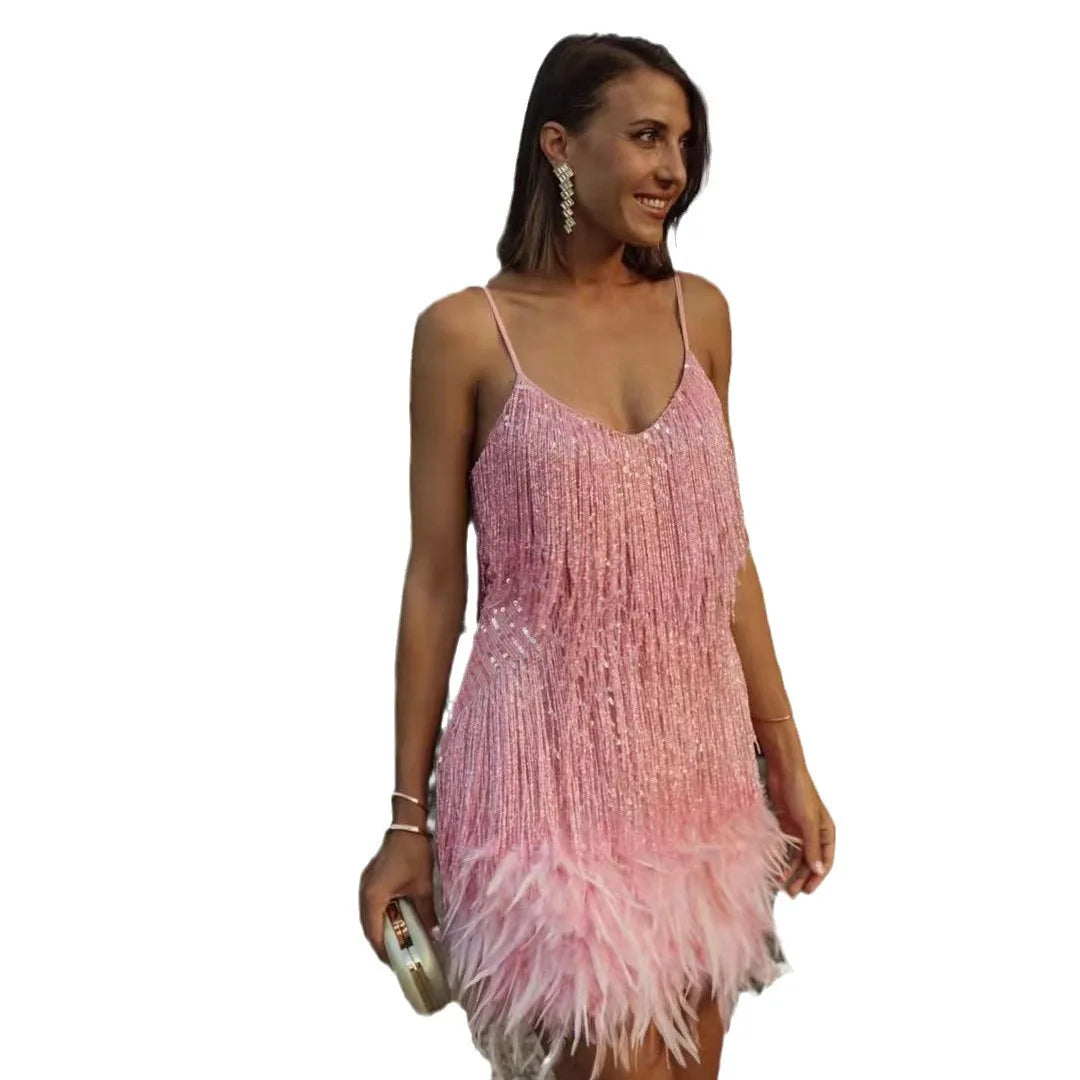 Designs Backless Women Sleeveless Party Dress for Women Fashion Sequins Fringed Feather Mini Dress 2024