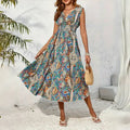 In Stock 2024 Women's Summer Bohemian Paisley Print V Neck Dresses Sleeveless Shirred A-line Dress for Vacation