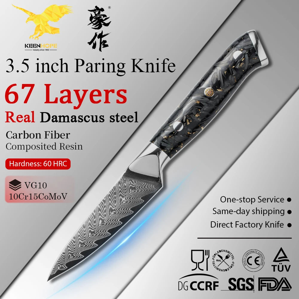 KEENHOPE Professional Japanese 3.5 Inch Damascus Steel Chef Knife 67 Layers VG10 Core Paring Kitchen Knife Carbon Fiber Handle MegaBDM