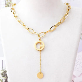 In Stock Stainless Steel Minimalist Sweater Chain Link Chain Round Pendent Letter G Tassel Necklace for Women