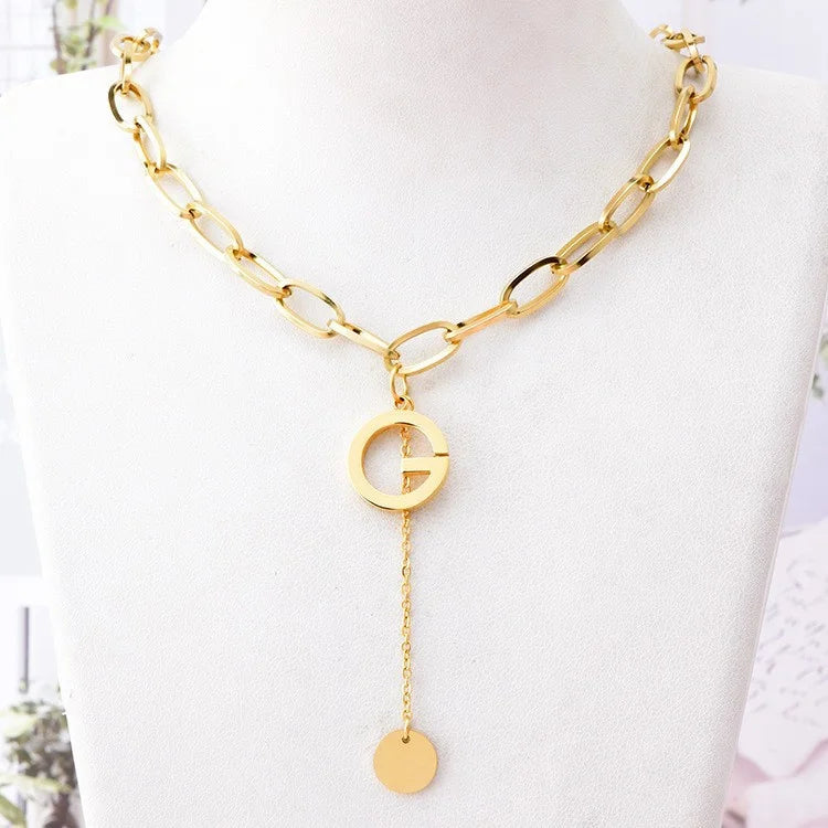In Stock Stainless Steel Minimalist Sweater Chain Link Chain Round Pendent Letter G Tassel Necklace for Women