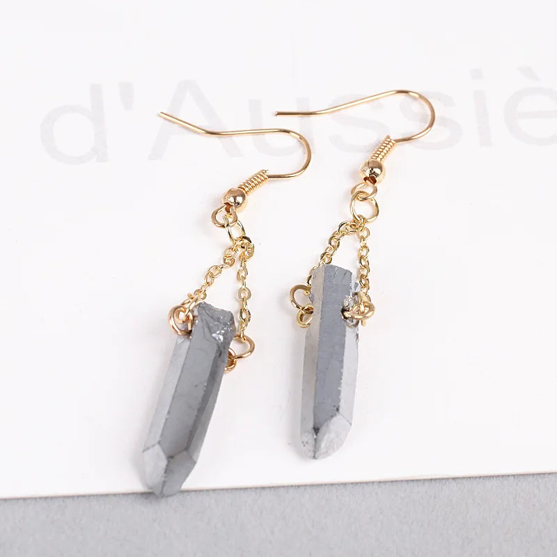 Healing Agate Chakra Dangle Earrings for Women Titanium Coated Crystal Column Earring Jewelry