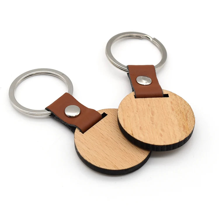 Bulk Blank Luxury Wooden Leather Keychain Round Keychain with Custom LOGO